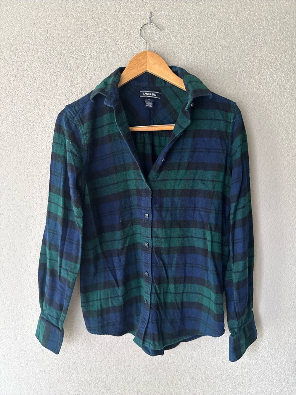 Lands' End Navy and Green Plaid 100% Cotton Flannel Shirt